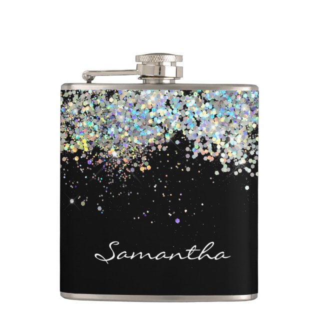 Glitter Girly Custom Name Monogram Hip Flask (Front)