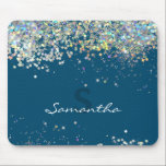 Glitter Girly Custom Name Mouse Pad<br><div class="desc">Faux silver sparkle glitter with custom name option. Fun girly and trendy design. Fun office product. Blue coloured background.</div>