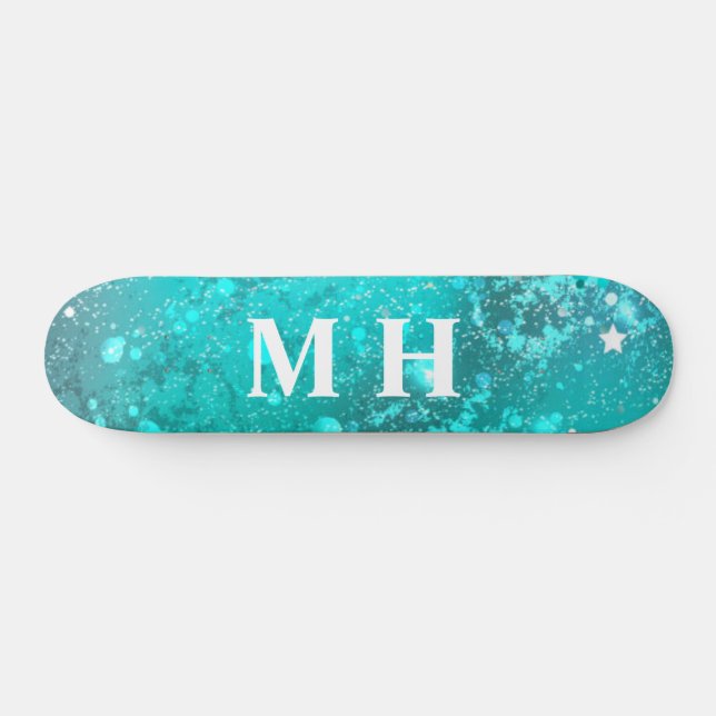 Glitter Girly Green Mermaid Monogram Fantasy Teal Skateboard (Horz)