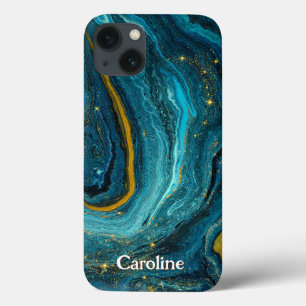 Glitter girly Marble Art Blue Gold Monogram iPhone 13 Case