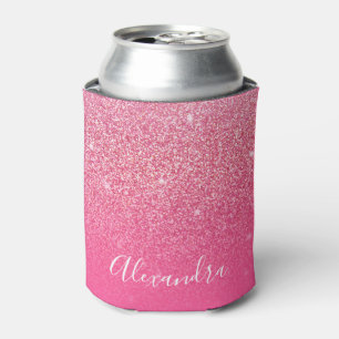 Glitter Girly Sparkly Rose Pink Script Name Custom Can Cooler