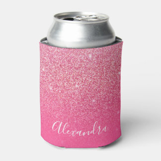 Glitter Girly Sparkly Rose Pink Script Name Custom Can Cooler