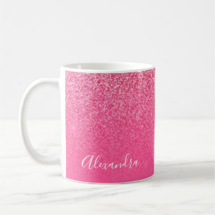 Glitter Girly Sparkly Rose Pink Script Name Custom Coffee Mug