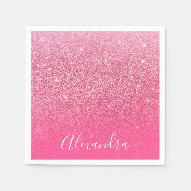 Glitter Girly Sparkly Rose Pink Script Name Custom Napkin (Front)