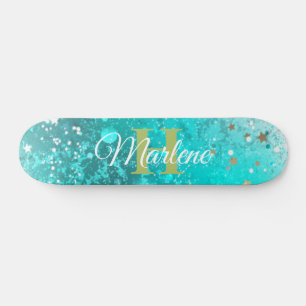 Glitter Girly Teal Mermaid Monogram Name Fantasy Skateboard