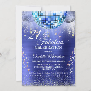 Glitter Glam 21st Birthday Blue Disco Ball Invitation