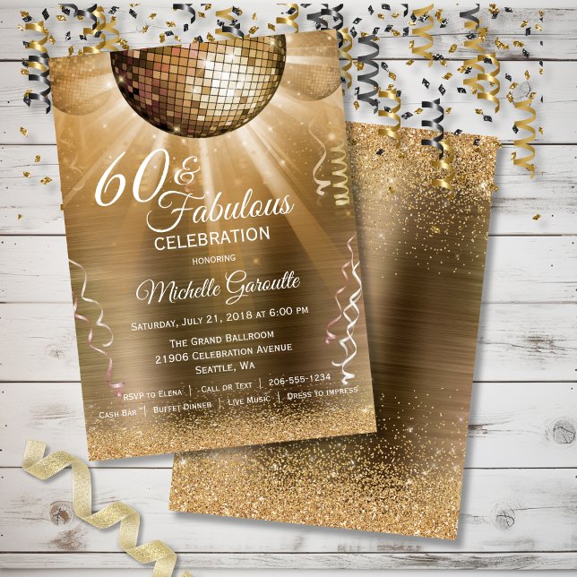 Glitter Glam 60 and Fabulous Gold Disco Ball Invitation (Glitter Glam 60 and Fabulous Gold Disco Ball Invitation)