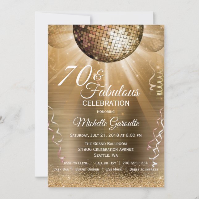 Glitter Glam 70 and Fabulous Gold Disco Ball Invitation (Front)