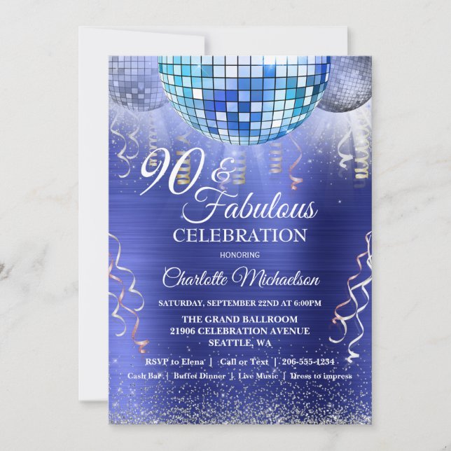 Glitter Glam 90th Birthday Blue Disco Ball Invitation (Front)