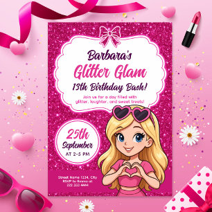 Glitter Glam Birthday Bash Editable Sparkly Pink Invitation