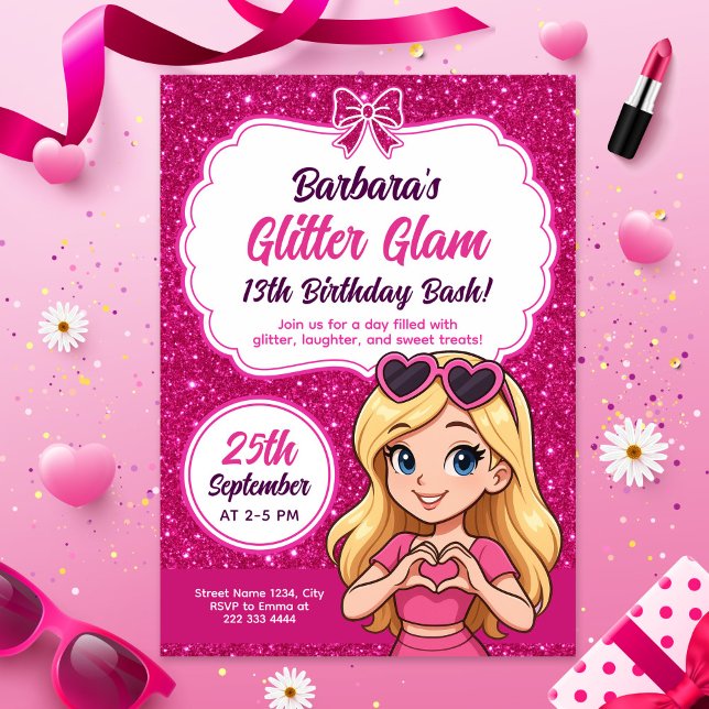 Glitter Glam Birthday Bash Editable Sparkly Pink Invitation (Creator Uploaded)
