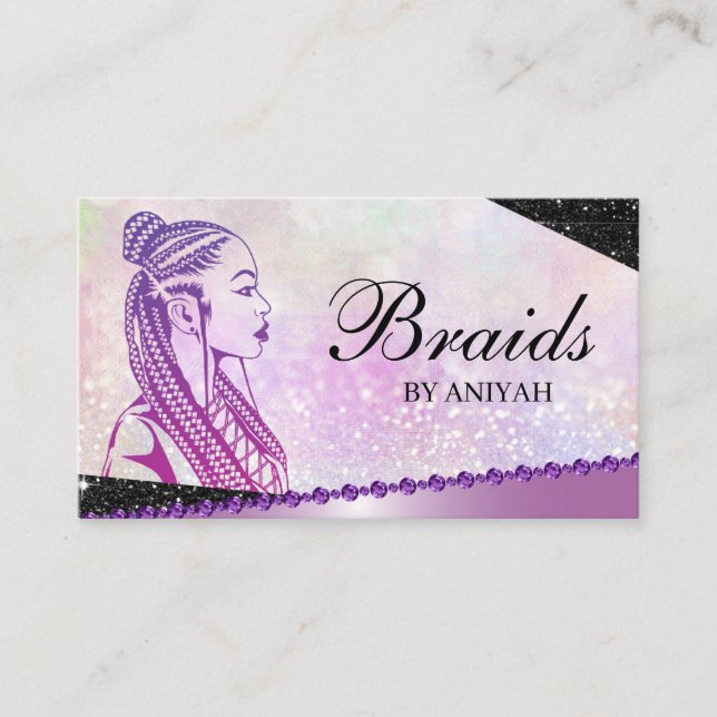 Glitter Glam Modern Hair Braiding Salon Business Card (Front)