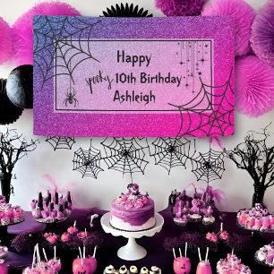 Glitter Glam Pink Purple Spider Halloween Birthday Banner