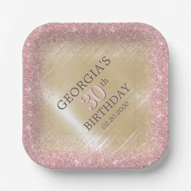 Glitter Glam Rose Gold Birthday Paper Plate (Front)