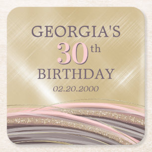 Glitter Glam Rose Gold Birthday Square Paper Coaster