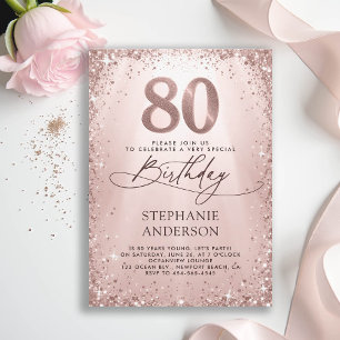 Glitter Glam Rose Gold Calligraphy 80th Birthday Invitation