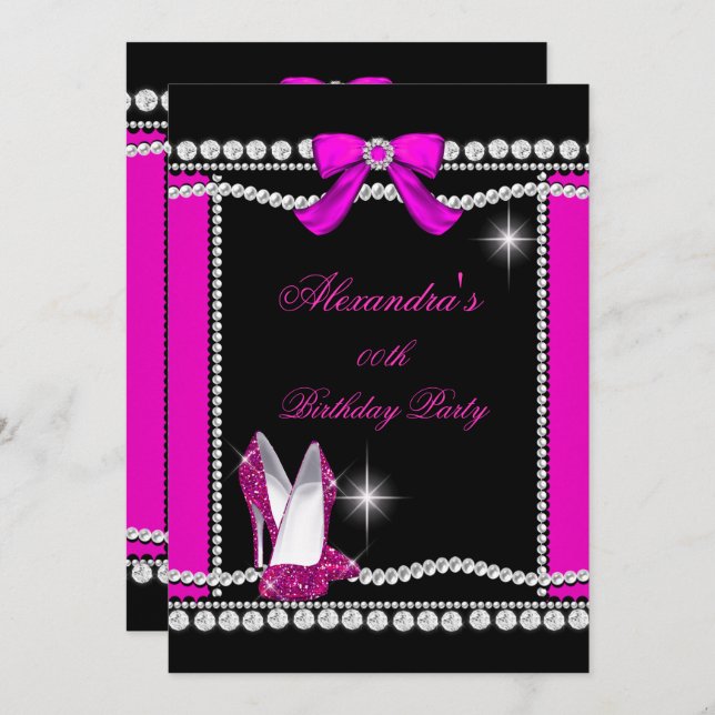 Glitter Glamour Black Hot Pink High Heels Birthday Invitation (Front/Back)