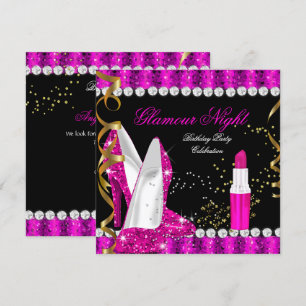 Glitter Glamour Hot Pink Gold Black Birthday Invitation