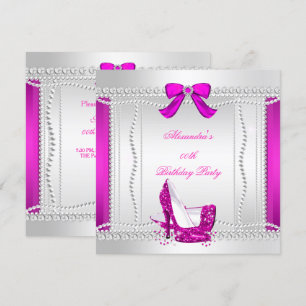Glitter Glamour Hot Pink High Heels Pearls Party 2 Invitation