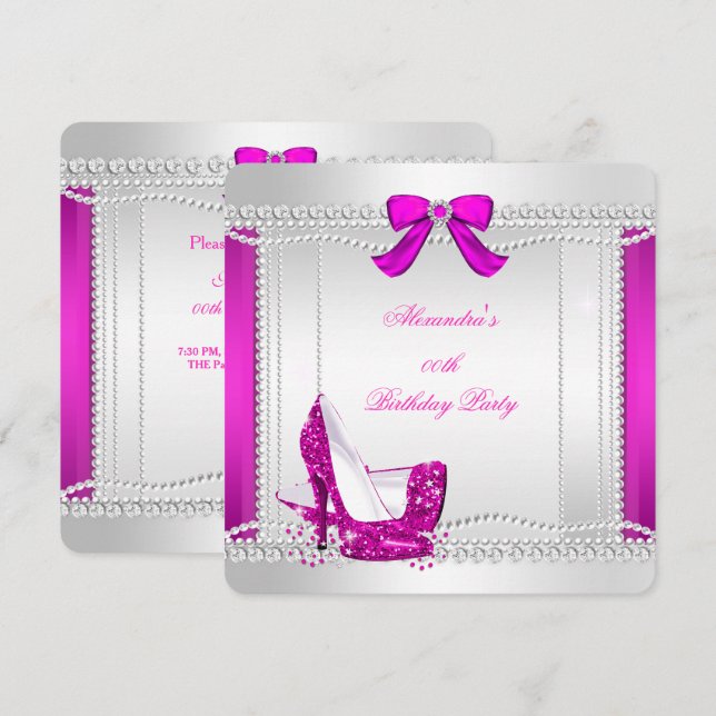 Glitter Glamour Hot Pink High Heels Pearls Party Invitation (Front/Back)