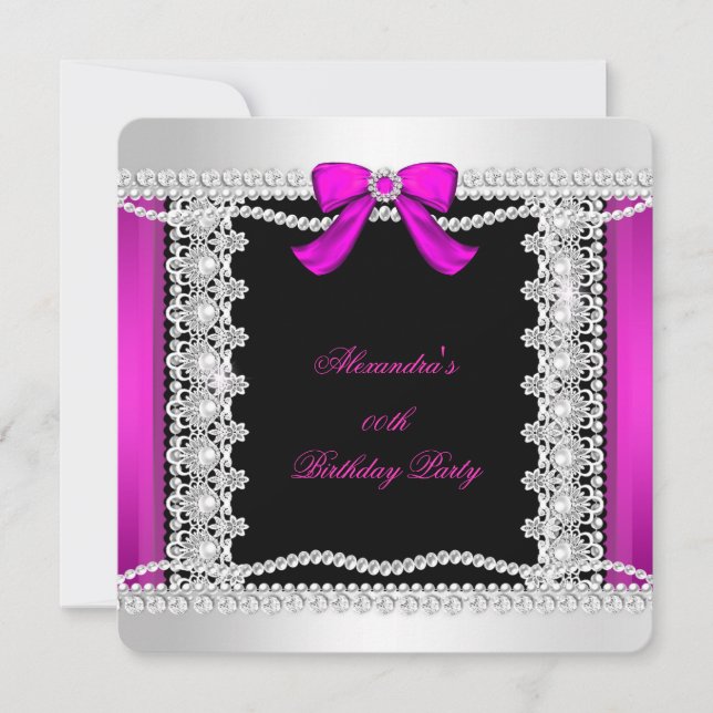 Glitter Glamour Hot Pink Pearls Lace Black Invitation (Front)