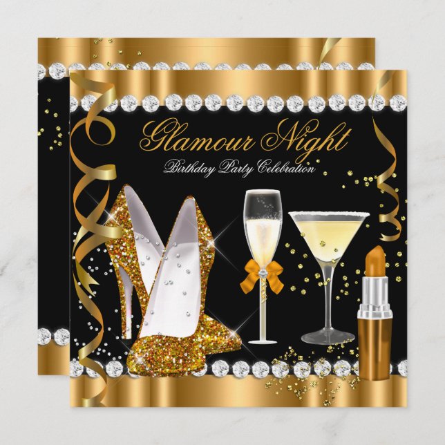 Glitter Glamour Night Gold Black Silver Party Invitation (Front/Back)