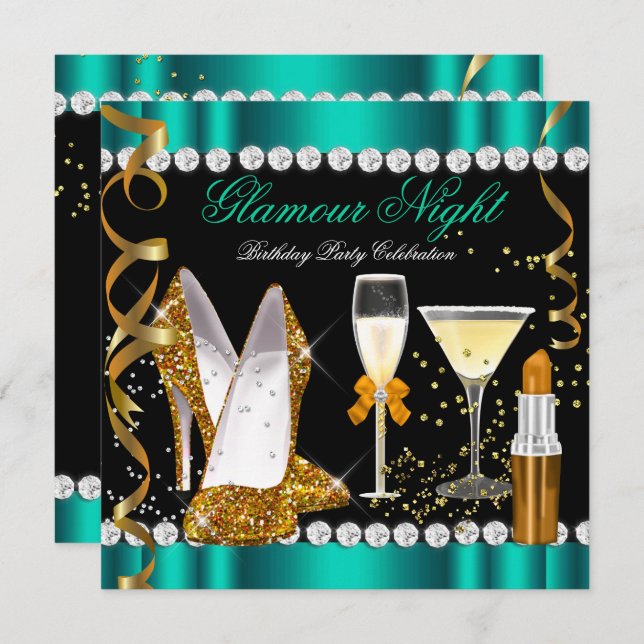 Glitter Glamour Night Jade Gold Black Party 2 Invitation (Front/Back)