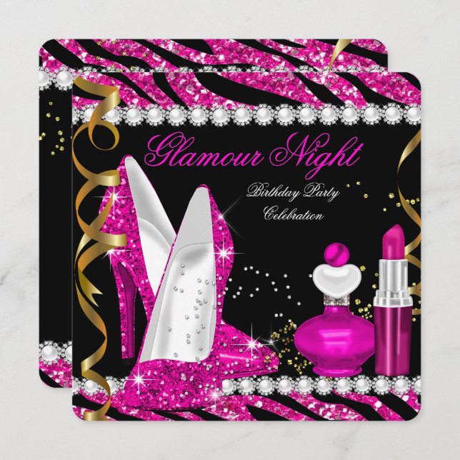 Glitter Glamour Night Zebra Deep Pink Gold Black 2 Invitation (Front/Back)