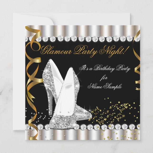 Glitter Glamour Party Night Silver Gold High Heel Invitation (Front)