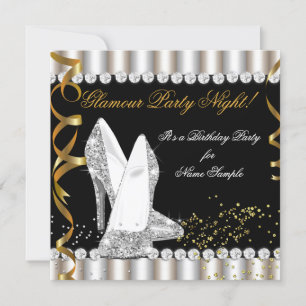Glitter Glamour Party Night Silver Gold High Heel Invitation