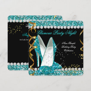 Glitter Glamour Teal aqua Gold Black Party Invitation