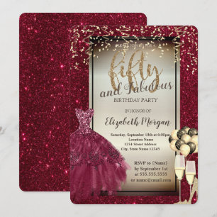 Glitter Glass,Balloons,Dress Red 50th Birthday   Invitation