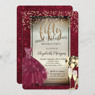 Glitter Glass,Balloons,Dress Red 50th Birthday   Invitation