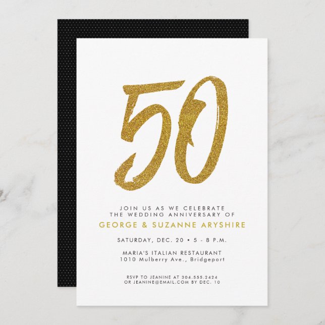 Glitter gold 50th anniversary party invitation (Front/Back)