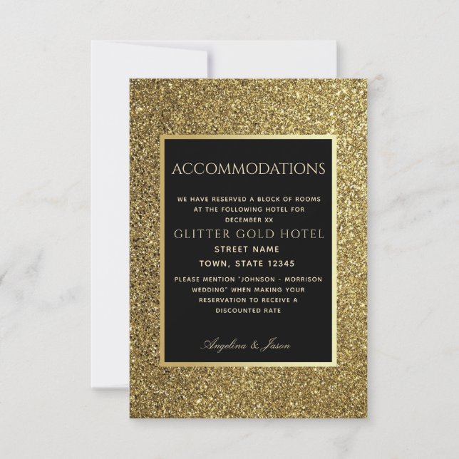 Glitter Gold and Black Wedding Accommodation Card (Front)