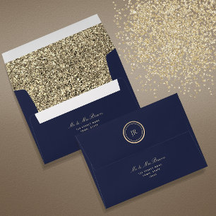 Glitter Gold and Navy Blue Wedding Envelope