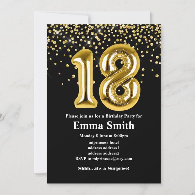 glitter gold balloon for 18th birthday party invitation (Front)