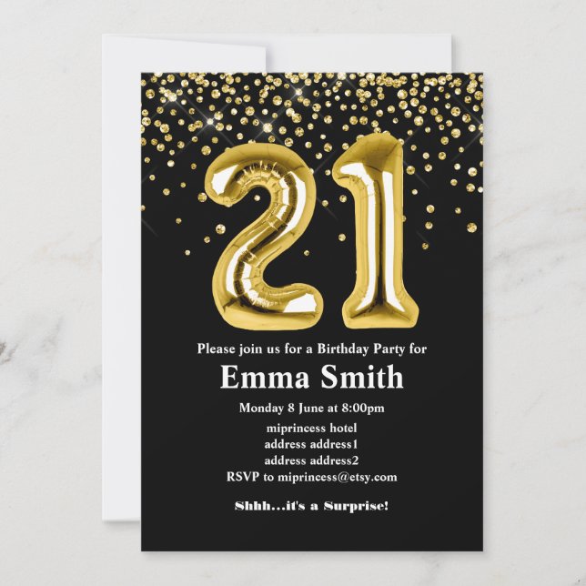 glitter gold balloon for 21st birthday party invitation (Front)