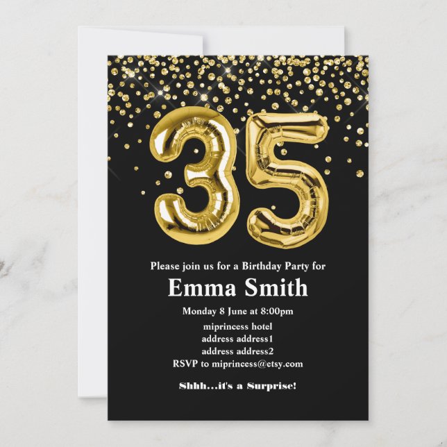 glitter gold balloon for 35th birthday party invitation (Front)