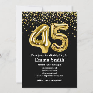 glitter gold balloon for 45th birthday party invitation