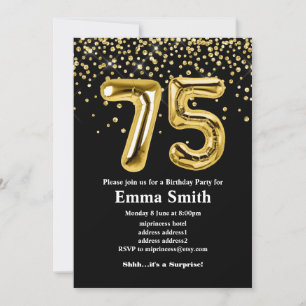 glitter gold balloon for 75th birthday party invitation