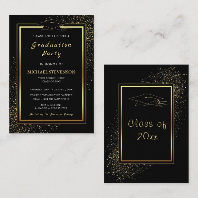 Glitter Gold Black Graduation Invitation Template (Front/Back)