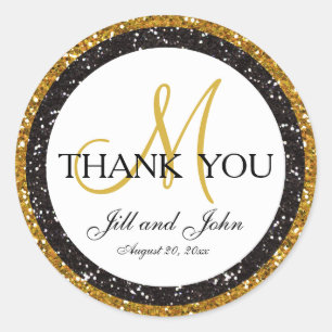 Glitter Gold Black Thank You Wedding Favour Sticke Classic Round Sticker