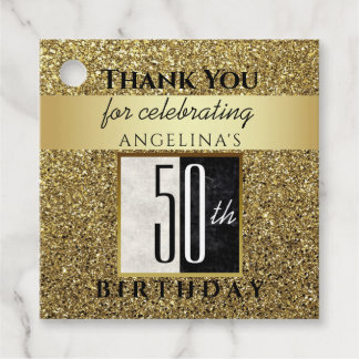 Glitter Gold Black & White 50th Birthday Thank You Favour Tags