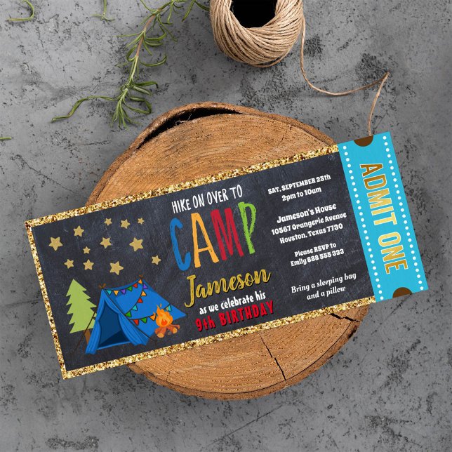 Glitter Gold Blue Blackboard Glamping Ticket Pass Invitation (Creator Uploaded)