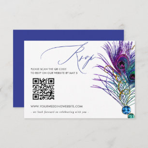 Glitter Gold Blue Purple Peacock Plume QR CODE RSVP Card