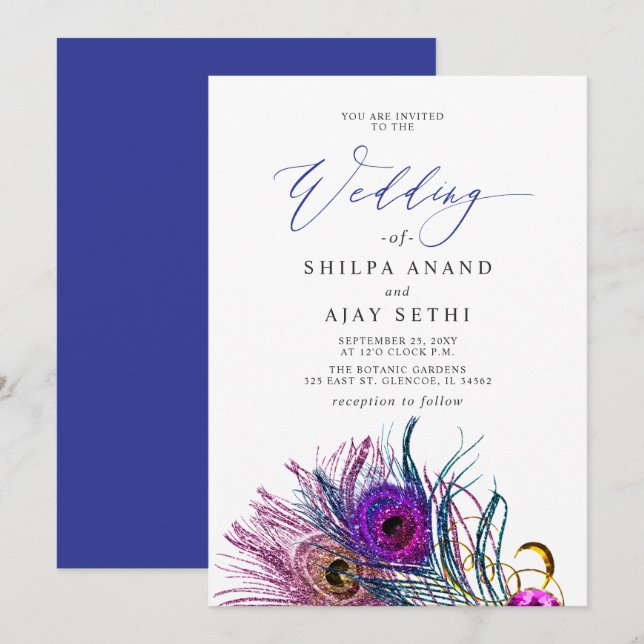Glitter Gold Blue Purple Peacock Plume Wedding Invitation (Front/Back)