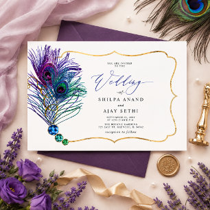 Glitter Gold Blue Purple Peacock Plume Wedding Invitation