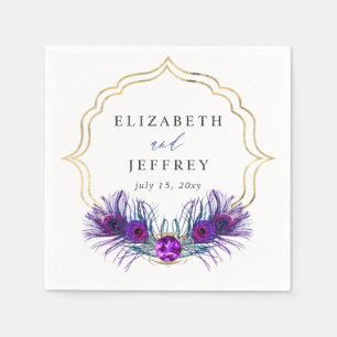 Glitter Gold Blue Purple Peacock Plume Wedding Napkin