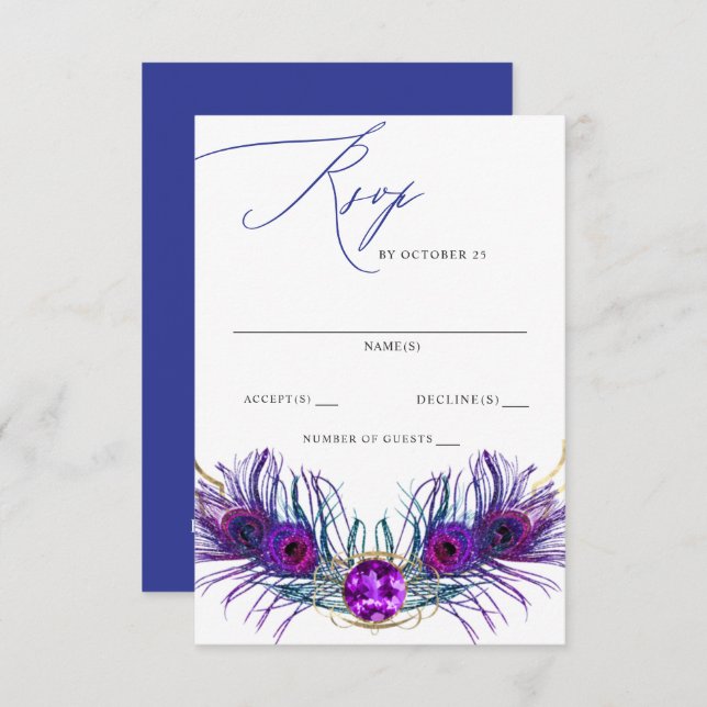 Glitter Gold Blue Purple Peacock Plume Wedding  RSVP Card (Front/Back)